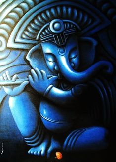 an image of the god ganesh in blue and white colors with his eyes closed