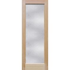 a wooden door with frosted glass on the top and bottom panel, against a white background