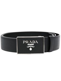 logo-buckle leather belt from PRADA featuring black, calf leather, logo plaque, punched holes and adjustable fit. | Prada Logo-Buckle Leather Belt Prada Logo, Belt Black, Leather Logo, Hole Punch, Black Belt, Belts For Women, Leather Belt, Calf Leather, Belts