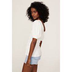 Off-white rayon (94% Rayon, 6% Spandex Pointelle). Scoop neck. Short sleeves. Pull-on. 22" from shoulder to hemline. Made in the Usa. Rent The Runway, Closet Designs, Smocking, Peplum Top, Scoop Neck, Open Shoulder Tops, Short Sleeves, Off White, White