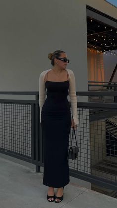 Hollywood Dinner Outfit, Black Midaxi Skirt Outfit, Long Black Dress Aesthetic Casual, Long Black Dress Fall, Serving Outfits Black, Black Dresses With Cardigans, Styling Long Black Dress Casual, Black Skims Dress Outfit Winter, Black Maxi Bodycon Dress Outfit