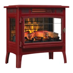 a red stove with the measurements for it