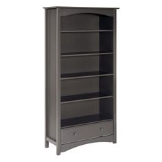 the bookcase is dark gray and has three shelves with drawers on one side, and two