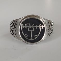 If we do not show your ring size in inventory, please contact us so we can update our listings. You are looking at our Marquis Leraie ring from The Lesser Key Of Solomon. Marquis Leraie (Leraje, Leriac, Loray, Oray, or Zoray) --- He causes great battles and disputes, and makes gangrene wounds caused by arrows. The beautiful pewter ring is a silver color and the background is blackened to bring out the fine detail of the design. Our rings are 100% Lead and nickel free pewter and made in the USA T Symbolic Adjustable Engraved Hallmarked Ring, Symbolic Adjustable Engraved Ring With Hallmark, Gothic Hallmarked Rings For Collectors, Symbolic Nickel-free Engraved Ring, Symbolic Stamped Collectible Rings, Symbolic Oval Stamped Rings, Symbolic Stamped Oval Rings, Goetia Demons, Lesser Key Of Solomon