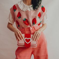 Strawberry Vest, Strawberry Shortcake Costume, Strawberry Outfit, Knitted Sweater Vest, Art Outfits, Zooey Deschanel, Character Outfits, Kawaii Fashion, Knitted Sweater