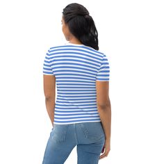 Introducing the Women's Blue and White Striped T-Shirt, a stylish blend of comfort and sophistication. Crafted from a premium blend of 95% polyester and 5% elastane, this T-shirt offers a regular fit and features a white with blue stripe pattern. With its four-way stretch fabric, it ensures flexibility and all-day comfort. Whether you're dressing it up for work or enjoying a relaxed day out, this white blue striped T-shirt effortlessly combines style and ease, making it a must-have addition to y Blue Short Sleeve T-shirt With Contrast Stripes, Blue Striped Short Sleeve T-shirt, Blue Vertical Stripes Short Sleeve Top, Blue Crew Neck Top With Vertical Stripes, Blue Short Sleeve Top With Horizontal Stripes, Casual Fitted T-shirt With Three Stripes, Fitted Casual T-shirt With Three Stripes, Blue Horizontal Stripe T-shirt For Summer, Blue Summer T-shirt With Horizontal Stripes