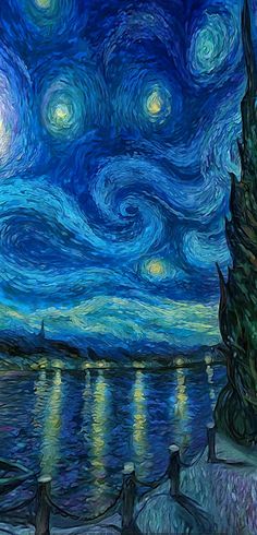 the starry night over the water has been painted with acrylic paint on it