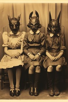 three women wearing devil masks sitting next to each other