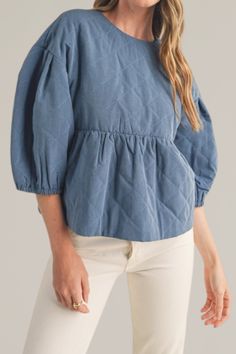 this adorable top combines the rugged charm of denim with the softness of quilted fabric, creating the perfect blend for everyday wear. wear with white jeans and sneakers for sporty, on trend look. shell: 78% polyester | 20% cotton | 2% spandex lining: 100% polyester hand wash cold | line dry | iron low model is wearing a size small model's measurements: 5'10" height, 32" bust, 24" waist, 36" hips Cute Fall Tops, Fall Tops, Quilted Fabric, Fall Fits, Babydoll Top, Tops Fall, Romper With Skirt, Dress Romper, Denim Blue