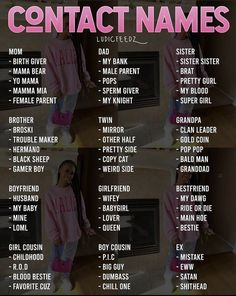 a poster with the names of different types of women's names in pink and white