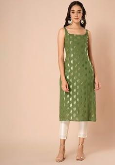 Buy Women Green Ikat Foil Strappy Straight Kurta - Haldi Wear - Indya Green Kurta Designs Women, Sleeveless Kurtis Design, Plain Sleeveless Kurti Designs, Trendy Kurti Neck Designs, Straight Pant Suits For Women Indian, Festive Kurta Sets For Women, Sleevless Kurti Designs Latest, Casual Kurta Outfits Women, Normal Kurti Designs