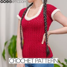 a woman wearing a red crochet top with braids on her head and shoulder