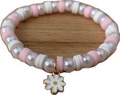 Pink And White Bracelet, Bracelet With Pearls, Daisy Charm, White Bracelet, White Bracelets, Pink And White, United Kingdom, Daisy, Beaded Bracelets