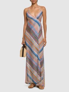 Self-tie halter neck closure. Self-tie closure at waist. All over print placement may vary. Model is wearing a size38 Wrap Long Dress, Multicolor Embellished V-neck Maxi Dress, Multicolor Printed V-neck Maxi Dress, Missoni Maxi Dress, Missoni Gold Dress, Missoni Robe, Neck Wrap, Print Placement, Flat Espadrilles