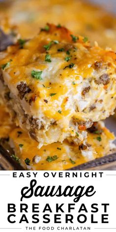 an easy overnight sausage breakfast casserole recipe with cheese on top and the title overlay