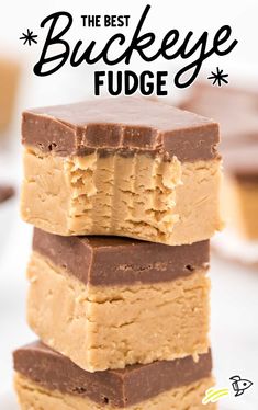 three pieces of fudge stacked on top of each other with the title overlay