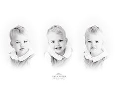 three photos of a little boy with blonde hair and four different expressions on his face