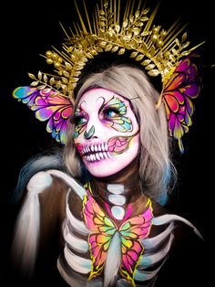 Maquillaje Calavera Mariposa flores, Bodypaint, día de Muertos, Makeup, Blast Over Tattoo, Orca Art, Día De Muertos, Skull Makeup, Dia De Muertos, Day Of The Dead, Body Painting, Face Painting, Maquillaje De Ojos