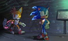 two sonic the hedgehogs standing next to each other in front of a sign