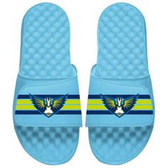 Cheer on the Dallas Wings in comfort and style with these Unisex ISlide Blue Varsity Stripes Slide Sandals. Built with comfort and support in mind, these slide sandals feature a built-in arch and massaging footbed contours for a luxurious feel. The EVA midsole provides lightweight cushioning, while the RPL Signature Relief Pro Lining adds an extra layer of comfort and helps prevent odors. Show off your Dallas Wings pride with the bold, printed graphics that adorn these stylish and comfy slides. Comfortable Slip-resistant Blue Sandals, Comfortable Blue Open Toe Flip Flops, Blue Synthetic Open Toe Slides, Blue Open Toe Synthetic Slides, Comfortable Blue Slip-on Slides, Blue Slide Flip Flops, Blue Non-slip Slide Flip Flops, Blue Slides With Removable Insole, Blue Synthetic Slides With Removable Insole