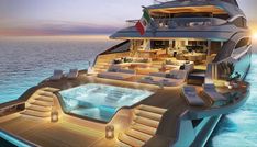 a large yacht with a hot tub on the deck at night, in the middle of the ocean