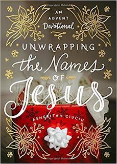 an advertisement for the book unwrapping the names of jesus, featuring a red box with white flowers on it