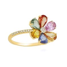 Ross-Simons - 3.30ct t. w. Multicolored Sapphire, .10ct t. w. Diamond Flower Ring Size 7. Indulge in this everlasting flower ring! It boasts vibrant petals of 3.30 ct. t. w. multicolored sapphires and .10 ct. t. w. diamonds in polished 18kt yellow gold. 1/2" wide. Diamond and multicolored sapphire flower ring. Flower Gemstone Ring, Thick Engagement Rings, Sapphire Flower Ring, Easy Cartoon, Pink Diamond Engagement Ring, Diamond Flower Ring, Sapphire Color, Natural Gold, Colorful Jewelry