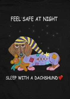 a black t - shirt with a dachshund on it saying, feel safe at night sleep with a dachshund