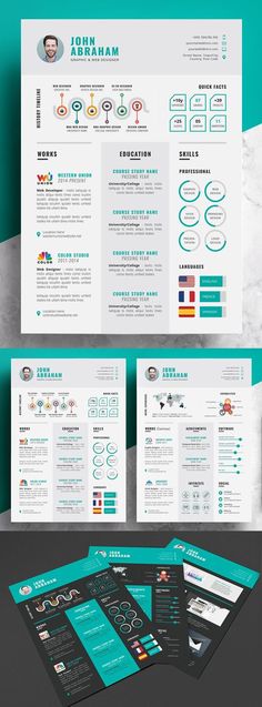 a clean and modern resume template with blue accents on the front, green trimmings and