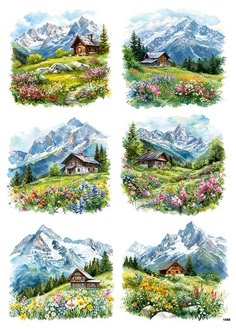 four pictures of mountains with flowers and houses