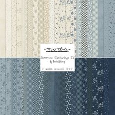 an assortment of blue and white patterned paper