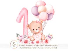 a pink teddy bear holding balloons with the number one on it's chest and surrounded by flowers