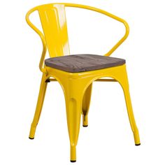 a yellow metal chair with a wooden seat