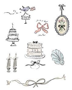 an image of wedding items drawn by hand on white paper with ribbon and bow around the edges