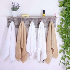 three towels hanging on a rack next to a potted plant