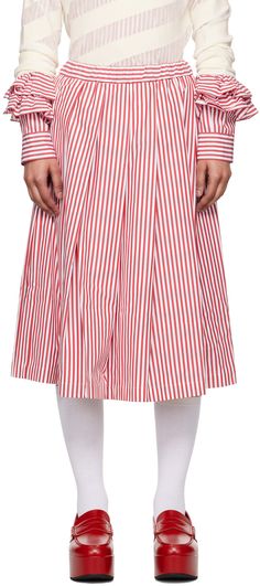 Cotton poplin skirt. Pleats and stripes throughout. · Concealed drawstring at elasticized waistband · Two-pocket styling Supplier color: Red/White Red Cotton Flared Skirt Bottoms, Red Gathered Skirt For Spring, Spring Striped Flared Skirt, Summer Workwear Skirt With Vertical Stripes, Relaxed Striped Skirt For Spring, Relaxed Skirt With Striped Hem, Striped Cotton Relaxed Skirt, Summer Striped Pleated Skirt, Pleated Striped Skirt For Summer