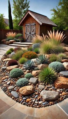 an outdoor garden with rocks and plants in the foreground, along with a shed