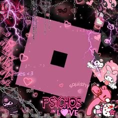 the pink square is surrounded by hearts and other things that appear to be in love