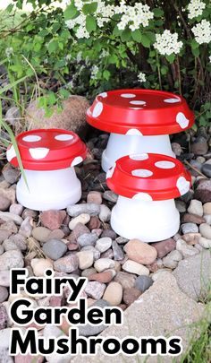 three red and white mushrooms sitting on top of rocks in the grass with text overlay that reads fairy garden mushrooms