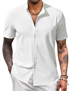 PRICES MAY VARY. LIGHTWEIGHT SHORT SLEEVE SHIRT - The short sleeve button down shirt is perfect for spring, summer and autumn. Mens lightweight casual shirt is skin-friendly, no shrinkage, wrinkle free and no ironing required, giving you a more comfortable and durable wearing experience. New fabrics can bring you a cool feeling when worn on your body, especially in summer. BANDED COLLAR SHORT SLEEVE SHIRT — Men's casual ribbed shirt features banded collar, button closure, superb stitching. Soild Short Sleeve Shirt With Buttons For Beach Season, Solid Color Short Sleeve Button-up Shirt For Summer, Solid Color Short Sleeve Beach Shirt, Solid Summer Short Sleeve Button-up Shirt, Solid Short Sleeve Shirt With Button Closure For Beach, Solid Short Sleeve Shirt With Button Closure For Vacation, Solid Color Camp Shirt With Buttons For Summer, Solid Color Button-up Short Sleeve Shirt For Beach, Solid Color Button-up Shirt For Beach Season