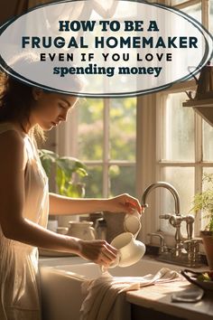 a woman pours water into a cup in the kitchen sink, with text overlay saying how to be a frugal homemaker even if you love spending money