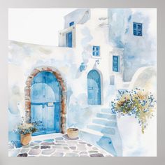 a watercolor painting of a blue door and steps with potted plants in front