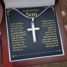 Perfect for special occasions or everyday wear, our artisan-crafted Cross Necklace is a wonderful gift idea for your son. Imagine the look on his face when he opens up this thoughtful gift! Sizing is appropriate for all ages. The artisan crafted detail makes this pendant stand out from other cross necklaces. Includes a luxury adjustable snake chain (18" - 22") and attaches with an easy to use lobster clasp. Cross Necklace Details • Stainless Steel • Adjustable snake chain (18" - 22") • Lobster c Spiritual Cross Pendant Necklace For Gift, Spiritual Cross Pendant Necklaces For Gift, Inspirational Necklace For Father's Day Gift, Father's Day Necklace With Gift Box, Spiritual Cross Pendant Jewelry For Mother's Day, Father's Day Stainless Steel Necklace Gift, Father's Day Gift Stainless Steel Necklace, Personalized Cross Pendant Necklace For Gift, Personalized Cross Pendant Jewelry For Gifts