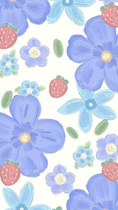 a drawing of blue flowers and strawberries on a white background