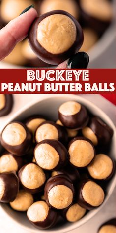 the peanut butter balls are being dipped with chocolate