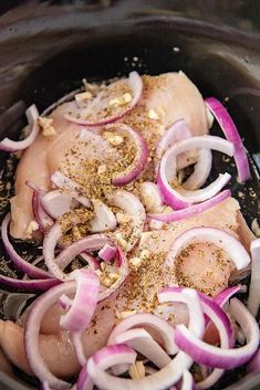 onions, meat and seasoning in a slow cooker