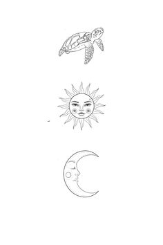 four different pictures with the sun, moon and turtle on them in black and white