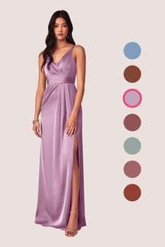 a woman in a long purple dress with different color swatches on the side and two colors