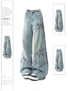 Women Blue Bow Jeans Y2k 2000s Style Aesthetic   Trousers Oversize Jean Pants Vintage Trashy Clothes. #jeans #fashion #trending #vintageclothing 2000s Style Aesthetic, Blue Jeans Aesthetic, Baggy Jeans Aesthetic, Aesthetic Trousers, Trending Pants, Trashy Clothes, Japanese 2000s, Pants Aesthetic, Aesthetic Jeans