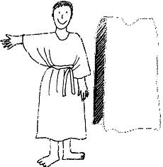 a drawing of a woman standing in front of a door with her arms out to the side